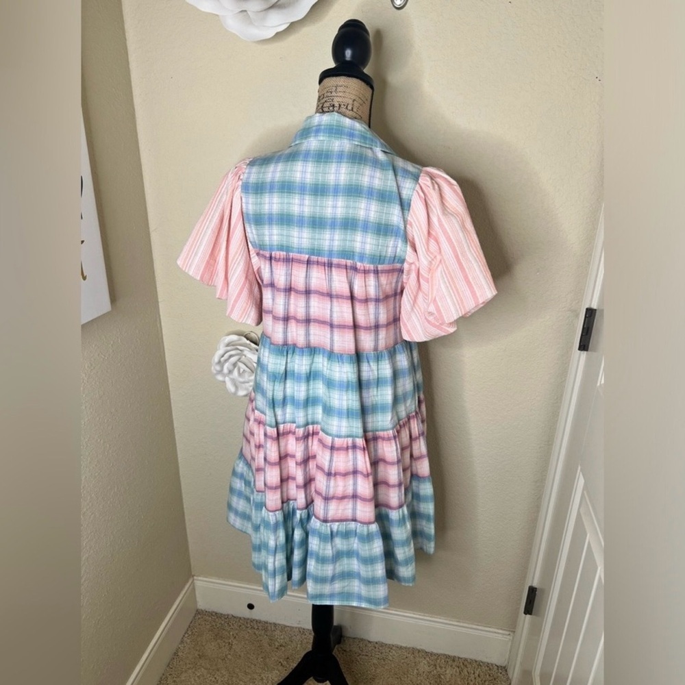 NTM: Entro Bubble Sleeve Blue, Green, Pink & White Plaid Lined Mini Dress Sz L - Picture 12 of 14